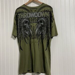 VTG Throwdown Premium XL Skull Feather Shirt Y2K Affliction MMA Grunge Made USA